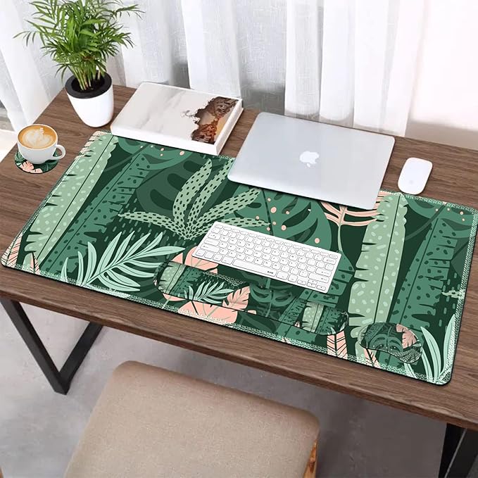 AIMSA Large Gaming Mouse Pad Set Keyboard Wrist Rest Support Mouse Pad Ergonomic Memory Foam Multifunctional Extended Desk Mat 35x15.7in Anti-Slip Rubber Base for Office Home Pink Green Leaves