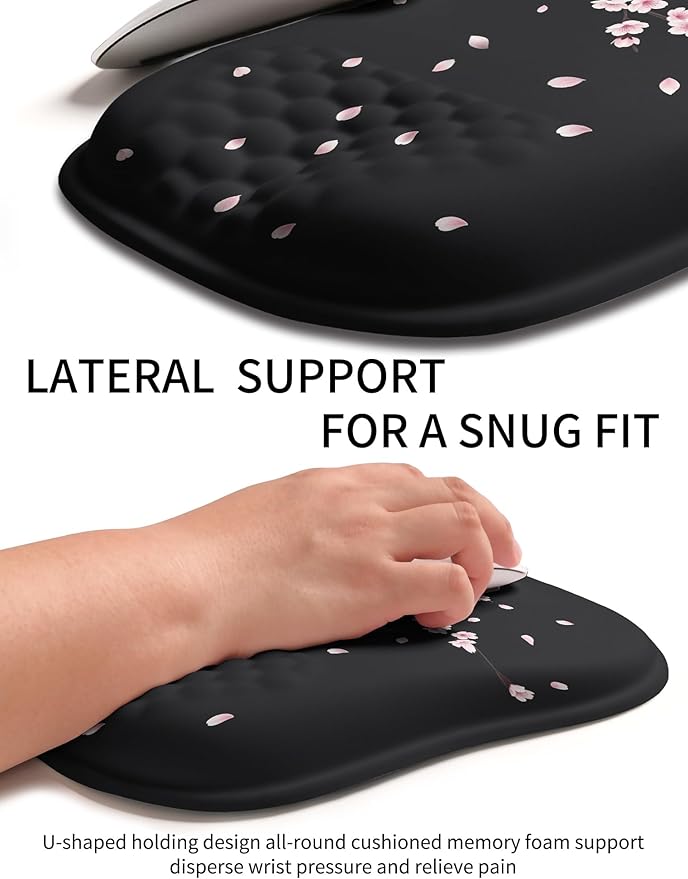Hokafenle Ergonomic Wrist-hugging Mouse Pad Wrist Support U-shaped Holding Wrist Rest Mousepad for Carpal Tunnel Pain Relief with Cushioned Memory Foam Slope Massage Bulge (10.2x8.3 inCherryBlossom)