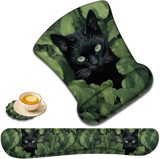 Keyboard Wrist Rest and Mouse Pad Wrist Support with Lace-Shaped Coaster Set Ergonomic Gel Memory Foam and Anti-Slip Base Easy Typing and Pain Relief - Black Cat
