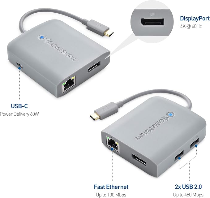 Cable Matters USB C Hub DisplayPort 4K@60Hz (USBC DisplayPort Hub) 100Mbps Ethernet 2X USB 60W Host Charging in Gray - Thunderbolt 4 / Thunderbolt 3 Port Compatible for MacBook Pro
