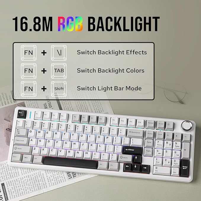 MechLands Aula F99 PRO 96% Mechanical Gaming Keyboard BT5.0/USB-C/2.4GHz Wireless Hot Swappable Gasket Custom Keyboard with 8000mAH Battery Rotary Knob RGB Backlit for Win/Mac (White Grey)