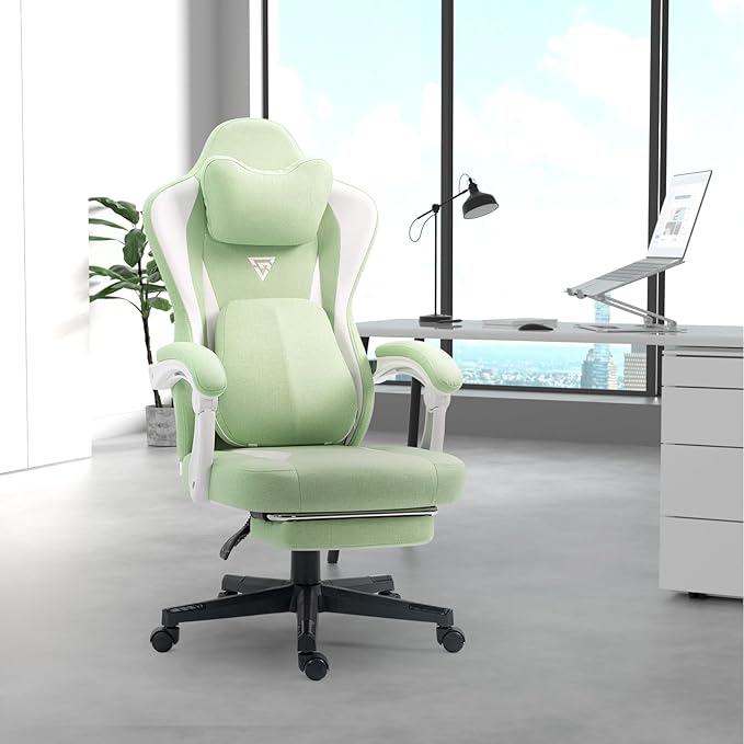 Gaming Chair with Footrest and Heating Massage Ergonomic Video Game Chair 360° Swivel Computer Office Chairs with Adjustable Height &amp Headrest &amp Lumbar Pillow 350 Lbs (Green)
