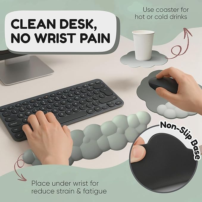 THONIV - Cloud Wrist Rest for Keyboard and Mouse Soft Memory Foam Support with Non-Slip Base Cute Cloud Design for Typing Gaming Office Bonus Coaster Included for Desk Aesthetic (Green Gradient)