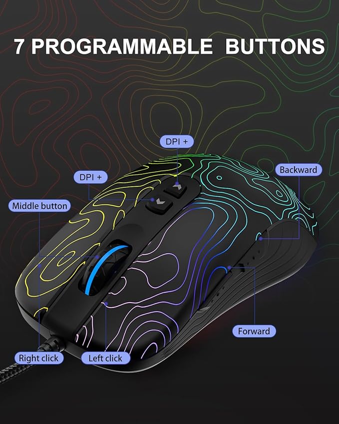 Womier G706 USB Wired Gaming Mouse for PC Computer Windows Mac Laptop Lightweight Silent RGB Backlit Mouse with Adjustable 12000DPI/7 Programmable Side ButtonsTopographic Theme (Black Topographic)