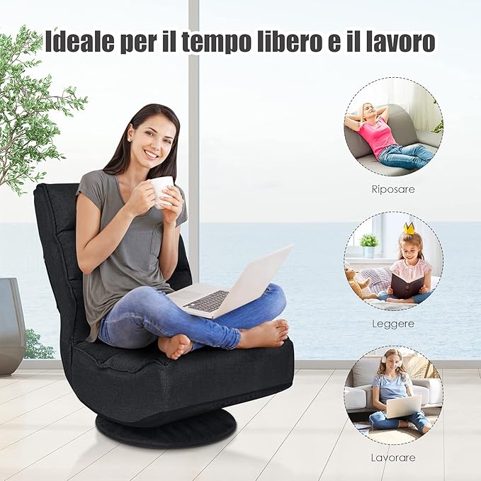 Rainfally 360-Degree Swivel Floor Sofa Chair Folding Gaming Chair w/ 5-Position Adjustable Backrest &amp Comfortable Sponge Padded Lazy Sofa Lounge Chair for Reading TV Watching or Gaming (Black)
