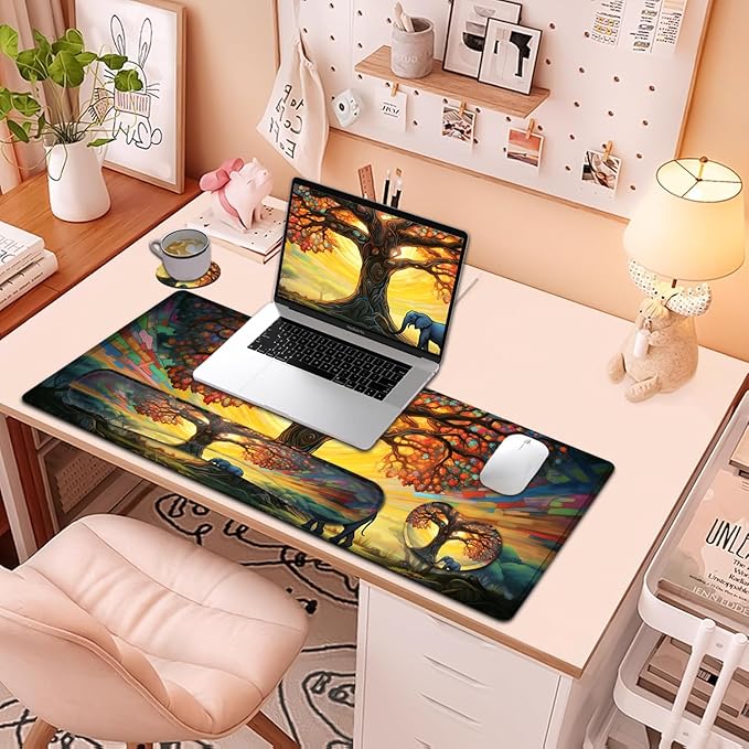 Large Mouse Pad + Keyboard Wrist Rest Set Extended Gaming Mousepad (31.5X11.8 inch) with Non-Slip Rubber Ergonomics Memory Foam Mouse Wrist Rest Support Colorful Tree of Life + Elephant Desk Pad