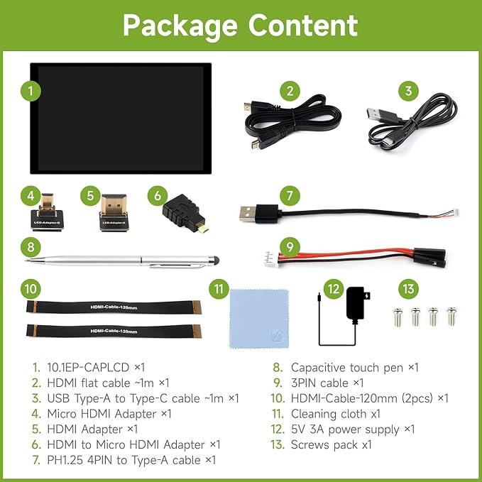 waveshare 10.1inch High Resolution Capacitive Touch Display Compatible with Raspberry Pi 5/4B/3B/Zero/Zero W/Zero 2W/Pico/Pico Supports Windows and Jetson Nano IPS Display 10-Point Touch