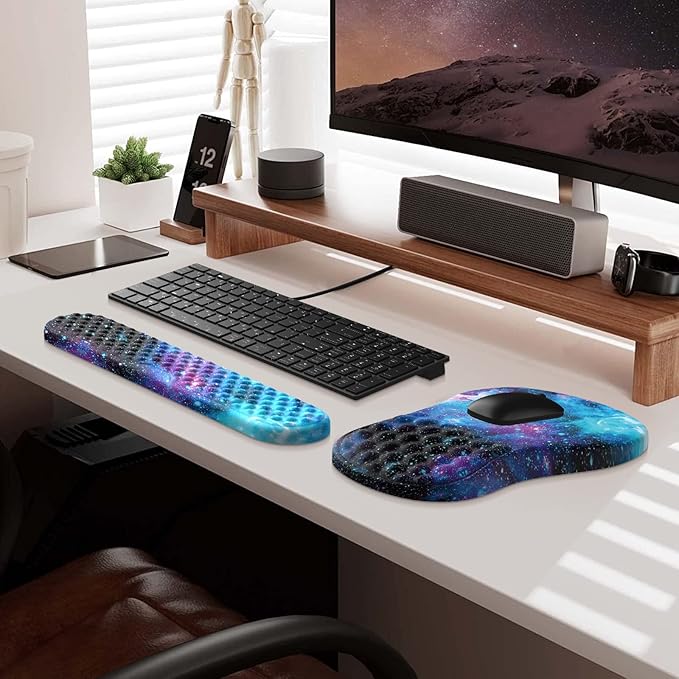 HAOCOO Ergonomic Mouse Pad with Wrist Rest Keyboard Wrist Rest Pad 3 PCS Computer Mouse Pad Sets for Desk Memory Foam Mousepad with Wrist Support for Office Gaming Laptop Galaxy Purple