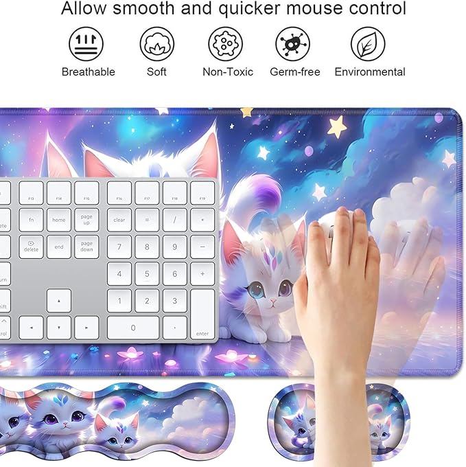 4 in 1 Ergonomic Keyboard Wrist Rest &amp Mouse Pad Wrist Rest Set Large XXL Gaming Desk Mat 31.5x 11.8 with Non-Slip Base Memory Foam for Home Office Study Gaming Cute Cat