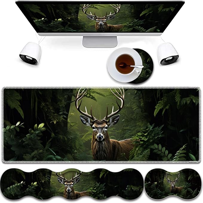 4 in 1 Mouse Pad Combo Large Gaming Mouse Pad + Keyboard Wrist Support + Mouse Wrist Rest + Coaster Table Pad 31.5 x 11.8 with Memory Foam Ergonomic Wrist Pad Set Camouflage Forest Deer