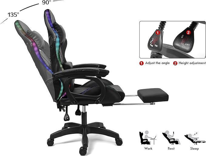 Enhance Your Gaming Experience with Our Ergonomic Reclining Gaming Chair with RGB LED Lights Massage and Dual Speakers - Perfect for Adults Teens and Kids! (All-Black)