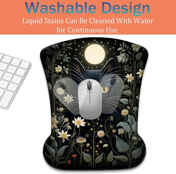 Ergonomic Keyboard Wrist Support Pad and Wrist Support Mouse Pad Anti-Slip with Gel Memory Mouse Pad Set Suitable for Office Use/Home Use - Cat Moon