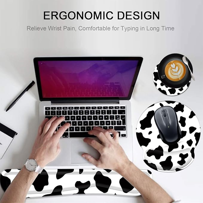Keyboard Wrist Rest and Mouse Pad Wrist Support Set with CoastersNon-Slip PU Base Ergonomic Gaming Mousepad for Home Office Working Studying Easy Typing &amp Pain ReliefCute Cow Print