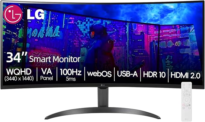 LG 34 Inch WQHD (3440x1440) Curved Smart Monitor 100Hz HDR10 99% sRGB webOS 23 Screen Share Built-in Speakers AirPlay 2 Flicker Free Includes Wireless Screen Mirroring HDMI USB-ABlack