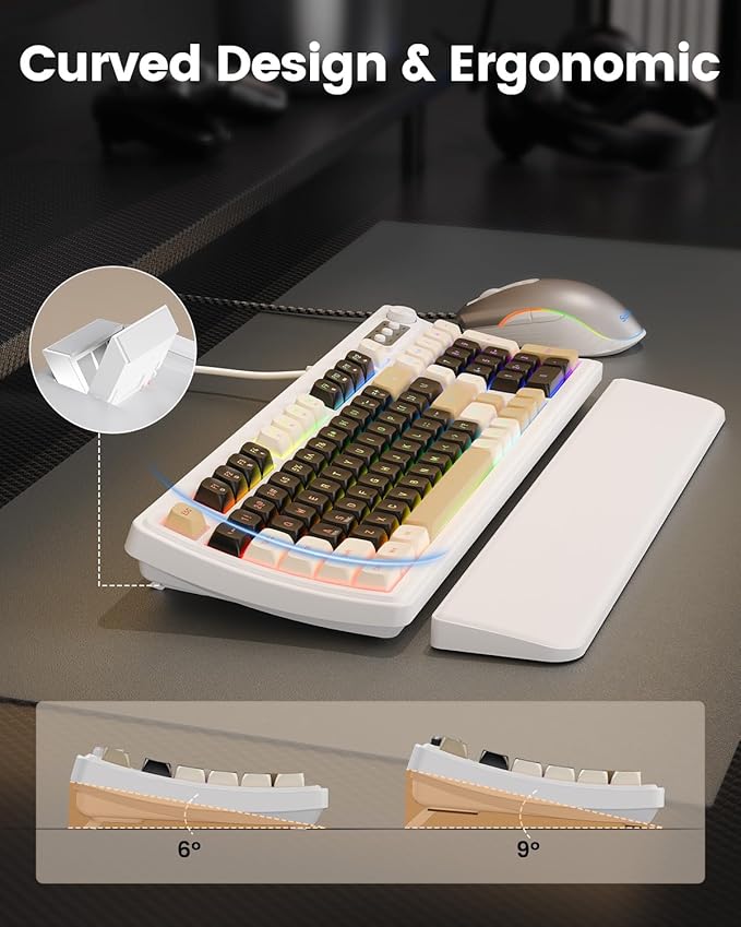 SABLUTE Wired Gaming Keyboard and Mouse RGB Backlit Mechanical Feel PC Gaming Keyboards Multimedia Knob&amp Anti-Ghosting Ergonomic Premium Leather Wrist Rest for Game (White)