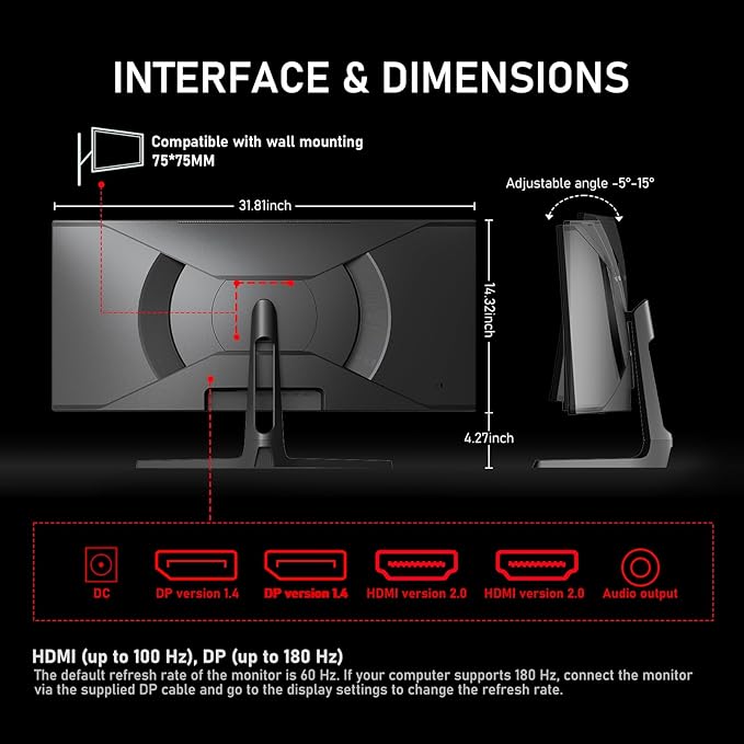 Gawfolk 34 Inch Ultrawide Curved 180Hz Gaming Computer Monitor1500R PC Screen 21:9 UWQHD (3440x1440)120% sRGBAdaptive Sync178° Viewing AngleDisplay Port、HDMICompatible with Wall mounting -Black