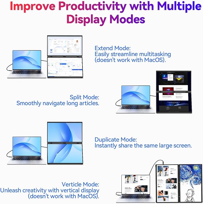 AUSDOM 18.5 Stacked Dual Portable Monitor for Laptop 100Hz 1080P Foldable Screen Extender 360° Folding Double External Display with Stand &amp VESA USB-C mini-HDMI Travel Monitor for Win/Mac B