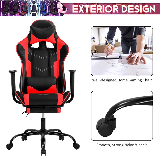 BLKMTY Gaming Chair Reclining Computer Chair with Footrest and Lumbar Support Height Adjustable Game Chairs with Swivel Seat and Headrest for Home Office or Gaming (Red)