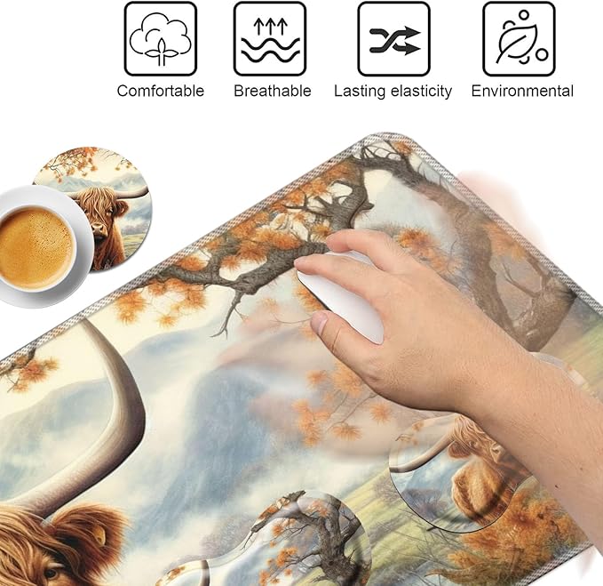 Keyboard Mouse Pad SetLarge Mouse Pad+Keyboard Wrist Rest+Wrist Support+Coaster31.5x11.8in Extended Desk Mat for Computer Laptop Office Home-Highland Cow
