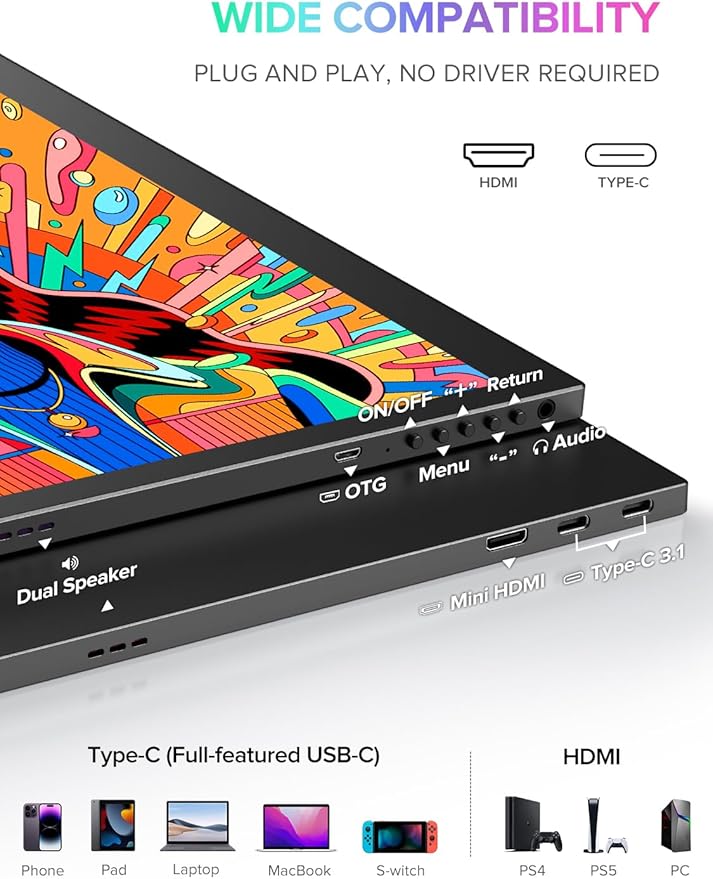 Newsoul Portable Monitor 4K QLED 18.4 UHD 3840 * 2160 Laptop Monitor 120% sRGB Large Portable Screen Built-in USB-C Mini HDMI with VESA &amp Cover Second Screen for Phone Game Console