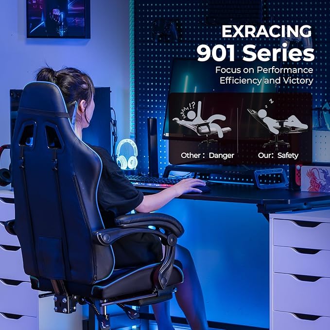 EXRACING Gaming Chair Ergonomic Computer Chair with Footrest and Lumbar Support Height Adjustable High Back Leather Office Chair 360° Swivel with Linked Armrest for Adult and Teen (Blue)