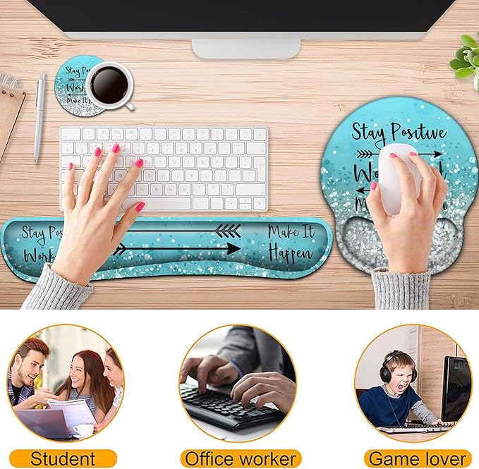 Keyboard Wrist Rest and Mouse Pad with Wrist Support Ergonomic Mouse Pad CoasterEasy Typing Pain ReliefKeyboard Mousepad SetStay Positive Work Hard and Make It Happen Blue Glitter