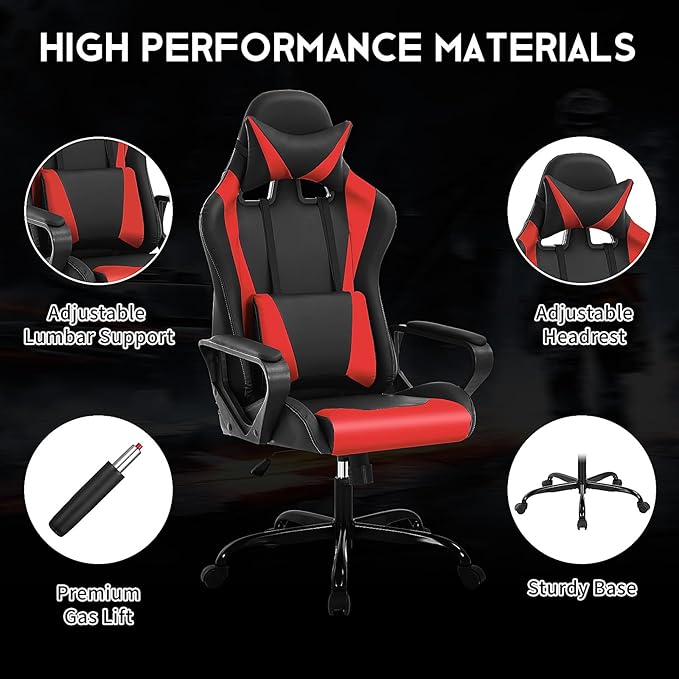 BLKMTY Gaming Chair Video Game Ergonomic Office Racing Computer PU Leather Chair - High Back Executive Task with Lumbar Support Headrest Swivel Chairs Red