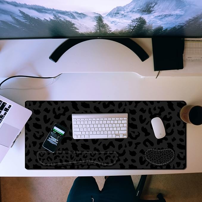 3Pcs Large Gaming Mouse Pad Desk MatKeyboard Mouse Wrist Rest Support SetExtended Laptop Mouse Pad Memory Foam Non-Slip Base for Gamer Home Office(31.5x15.7in)-Black Leopard Cheetah