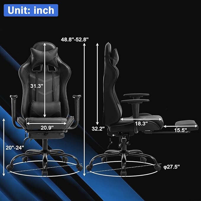 Massage Gaming Chair with Footrest - Ergonomic PC Office Chair with Lumbar Support Headrest Armrest - High Back PU Leather Recliner Heavy Duty Swivel Gamer Chair Black
