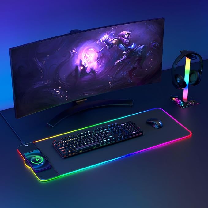 Charging RGB Gaming Mouse Pad - Wireless 15W Mousepad LED Extra Large Mouse Mat 80 * 30cm 10 Light Modes Gaming Room Accessories Computer Keyboard Mat Fast Charging Desk Mat for Gaming Black