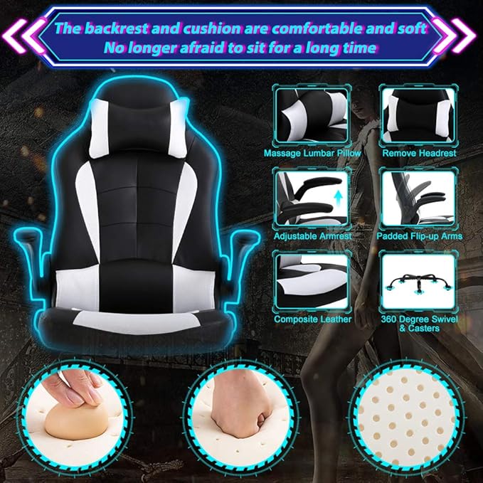 Gaming Chair Ergonomic Home Office Video Game Chairs Massage PU Leather Computer Chair Adjustable Swivel Chairs with Lumbar Support Headrest White