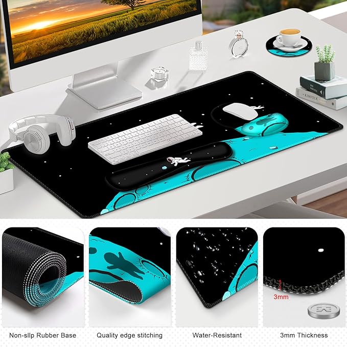 Gaming Mouse Pad Large Desk Mat Cute Desk Pad Protector 4in1 XXL Mousepad + Keyboard Wrist Rest+Mouse Wrist Rest+Coaster Set with Ergonomic Desk Pad for Home Office PC Computer Cool Space Alien