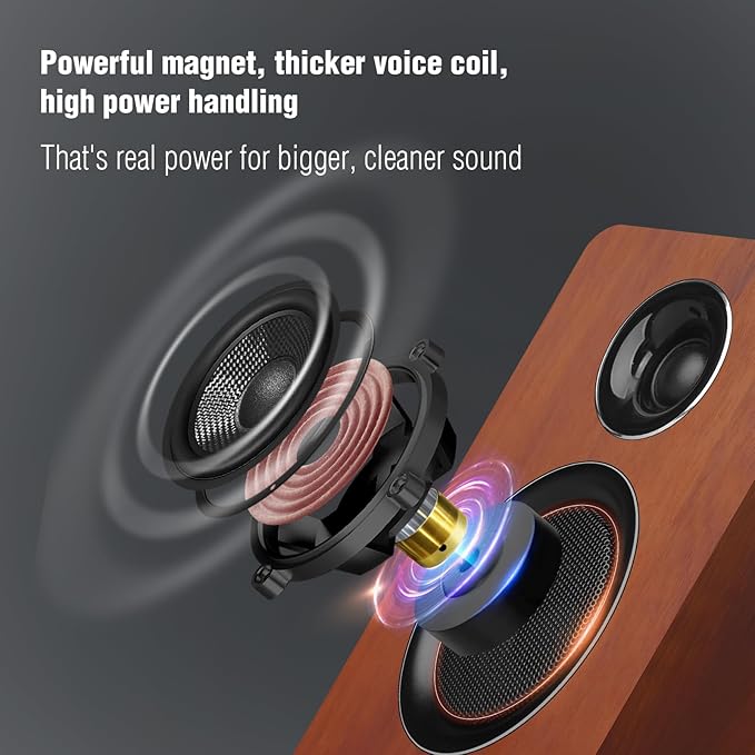 Computer Speakers for Desktop PC Active Bookshelf Speaker with 3‘’ Carbon Fiber Woofer and Silk Film Tweeter Supports Bluetooth 5.3 USB-C AUX/RCA Input for Record Player TV - Brown Stereo Set