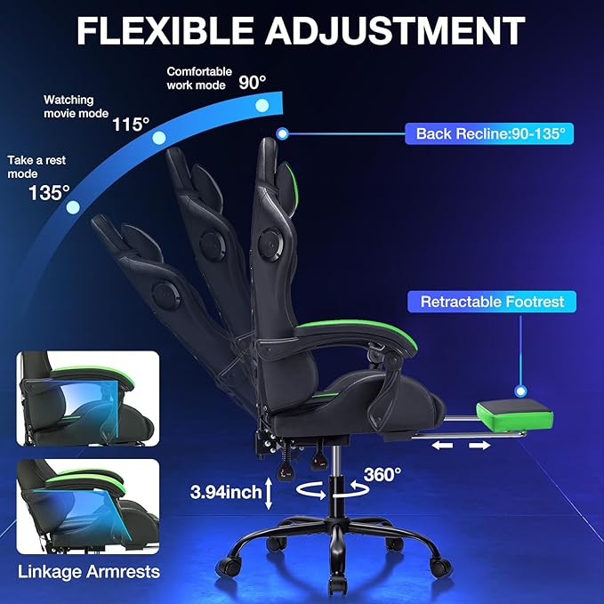 Gaming Chair Massage with Bluetooth Speakers and Lights Ergonomic Computer Game Chair with Footrest LED RGB Lights High Back Music Video Game Chair with Lumbar Support Green and Black