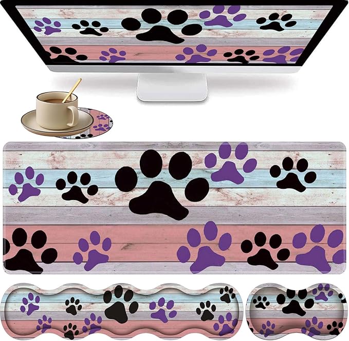 Large Gaming Mouse Pad Keyboard Wrist Rest + Mouse Wrist Pad + Coaster Combination Set Memory Sponge Non-Slip Base. Suitable for Office and Home Rainbow Wood Grain Black and Purple Dog paw