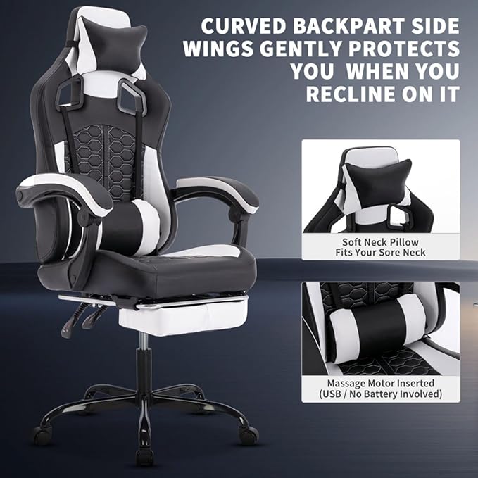 Gaming Chair with MassageErgonomic PC Gaming Chair with Footrest Comfortable Headrest and Lumbar SupportHigh Back PVC Leather300LBS (Black White)
