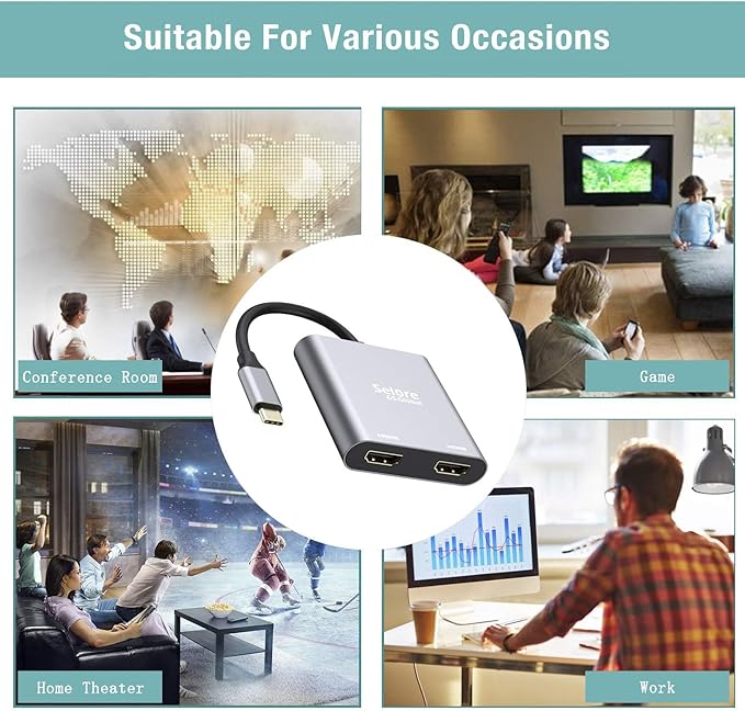 Selore&ampS-Global USB C to Dual HDMI Adapter 4K @60hz Type C to HDMI Converter for MacBook Pro Air 2020/2019/2018LenovoYoga 920/Thinkpad T480Dell XPS 13/15/17etc