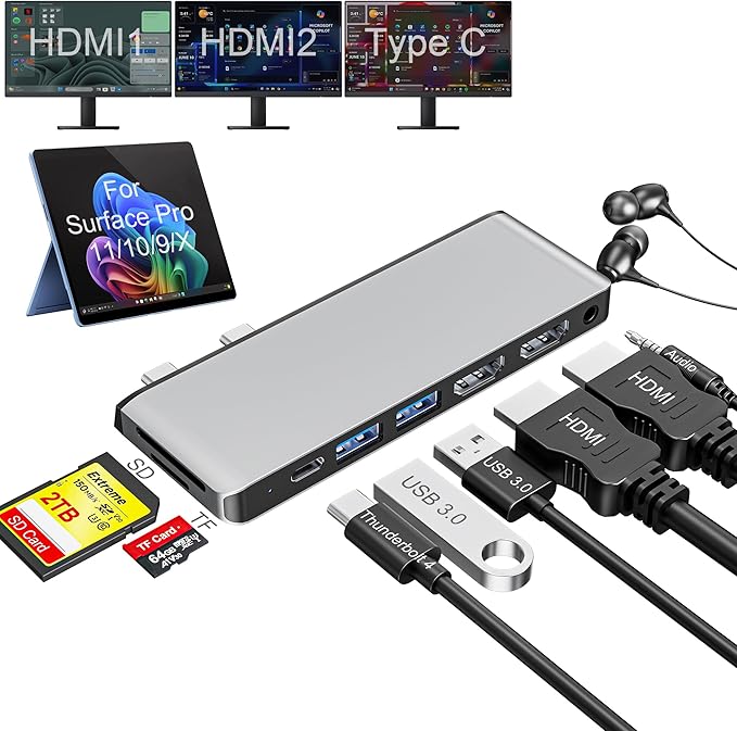 Surface Pro 9/10/11/X Docking Station Quad Display Surface pro 11 USB Hub with Dual 4K@60Hz HDMI USB-C (4K@60Hz Video+40Gbps Data+100W Charge) 2 USB3.0 SD/TF 3.5mm Mic for Surface Pro 11/10/9/X
