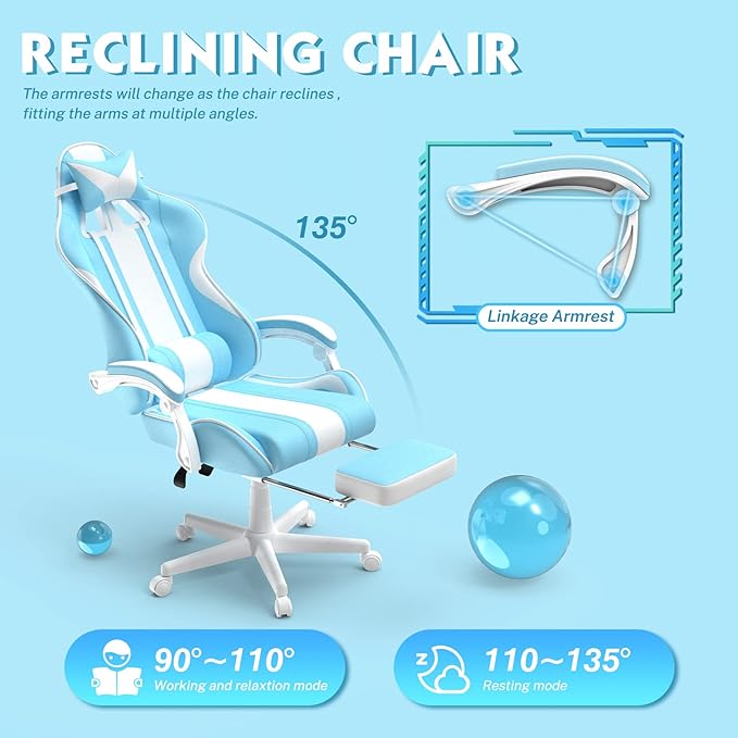 Ferghana Blue Gaming Chair with Bunny Ear Cute Massage Gaming Chairs for Adults &amp Teens Office PC Gamer Chair with Footrest Kawaii Computer Game Chair for Girls Racing Reclining Silla Gamer