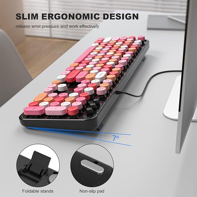 MOFII Computer Keyboards Wired Plug Play USB Full Size Typewriter Keyboard Cute Colorful Aesthetic Keyboard with Foldable Stands for Windows PC Laptop (Black Colorful)
