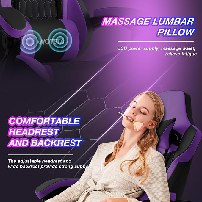 Gaming Chair with Footrest High Back Gaming Chairs PVC Leather Ergonomic Gamer Chair with Adjustable Headrest Lumbar Support Racing Style Video Gaming Chair for Office/Home (Purple)