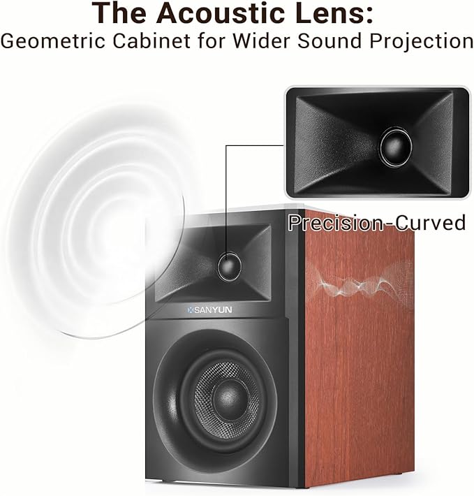 Sanyun SW205 80W Powered Bookshelf Speakers with 3D Soundstage | Precision DSP Spatial Audio &amp Geometric Cabinet | 4 Glass Fiber Woofer Optical/Bluetooth 5.4/AUX Wireless Remote (Pair Cherry)