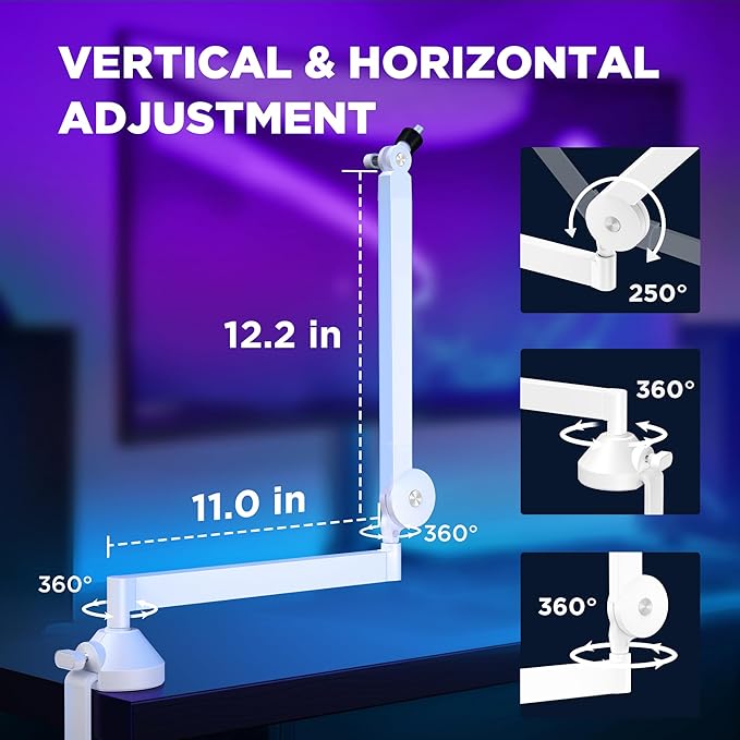 InnoGear Low Profile Mic Arm 360° Rotatable Microphone Boom Arm Mic Stand for Fifine AM8 K669B Blue Yeti HyperX QuadCast SoloCast AT2020 with Mic Clip 3/8 to 5/8 3/8 to 1/4 Adapter White