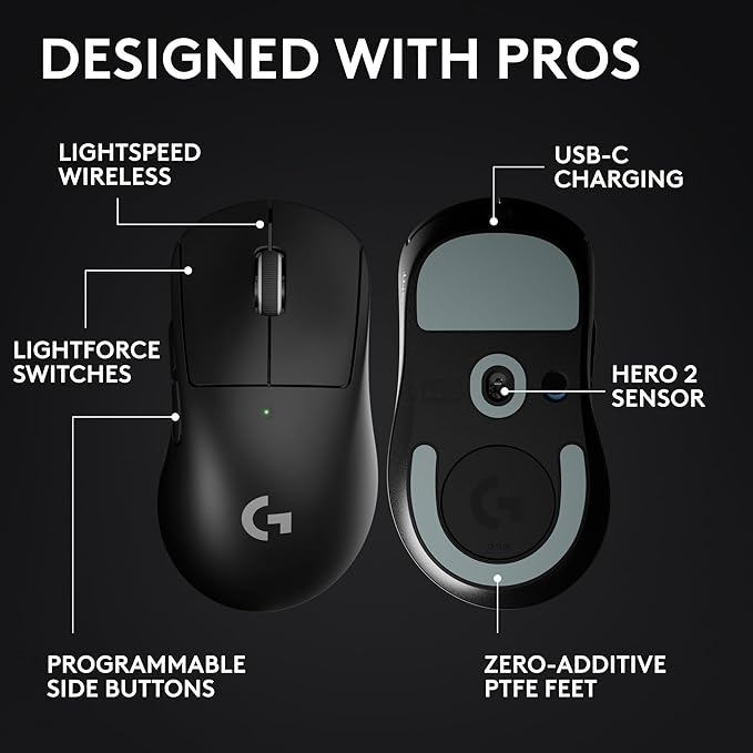 Logitech G PRO X Superlight 2 DEX Wireless Gaming Mouse 60g pro-Grade Right-Handed Mouse with 5 programmable Buttons USB-C Charging 44k DPI Sensor up to 8 kHz Polling for PC/Mac - Black