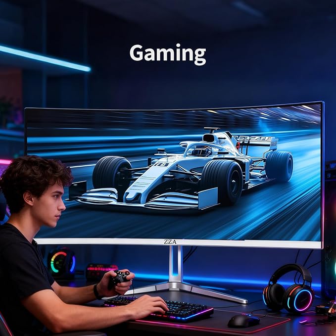 ZZA 34'' Gaming Monitor-165Hz/180Hz WQHD (3440x1440P) Ultrawide 34 White Curved MonitorFreeSync for Tear-Free Gaming100% sRGB HDMI 2.1 &amp DP 1.4PBP ModeWall Mountable