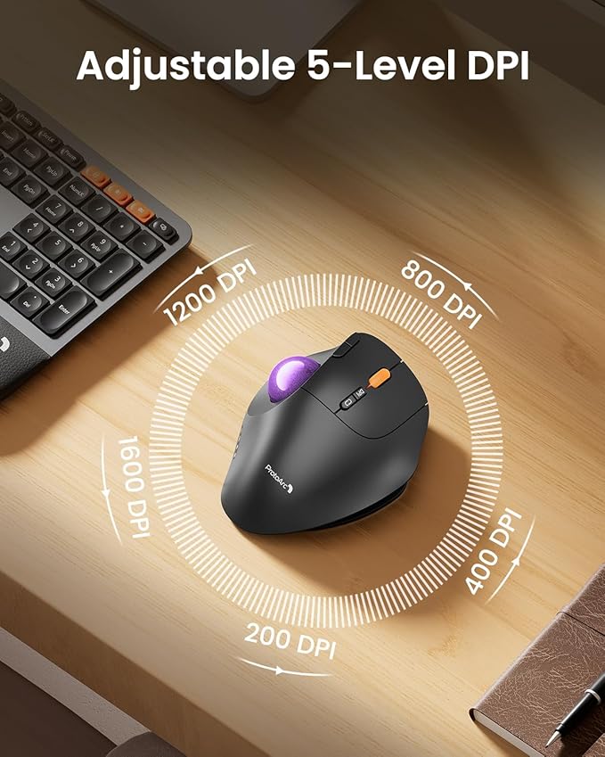 ProtoArc Wireless Bluetooth Trackball Mouse EM02 Two Adjustable Angle Ergonomic Rechargeable Computer Ball Mouse 3 Device Connection Thumb Control and Smooth Tracking for Laptop PC Mac-Purple