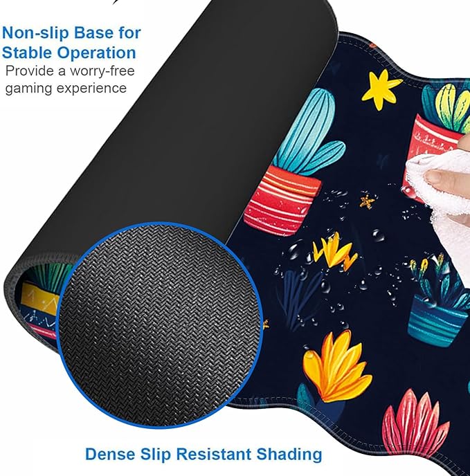 Large Gaming Mouse Pad Keyboard Wrist Rest Pad &amp Wrist Support Mousepad Set Stitched Edge Extended Non-Slip Base Memory Foam Desk Mat for Office HomeCute Cactus