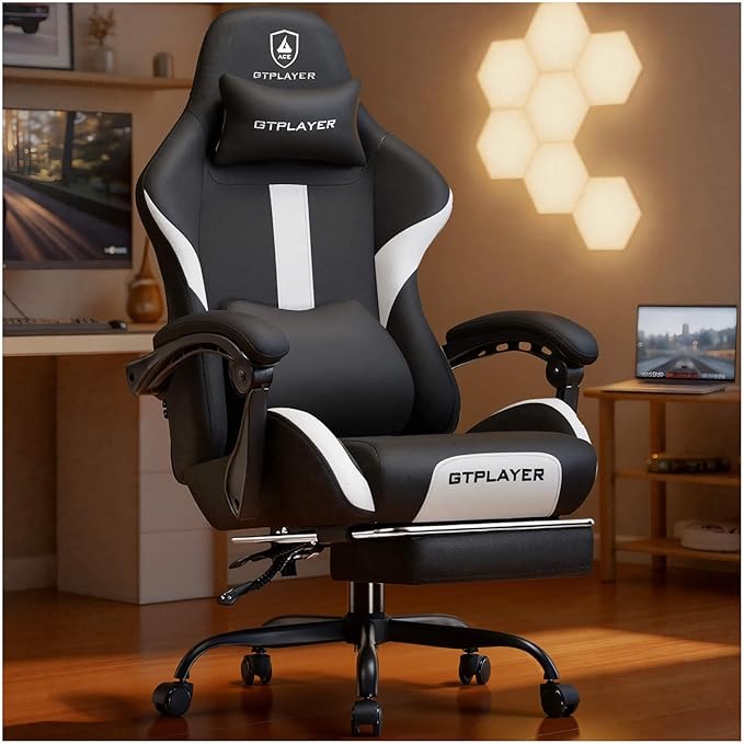 GTPLAYER Gaming Chair with Foot Rest &amp Pocket Spring Cushion Ergonomic High Back Computer Desk Chair with Headrest &amp Lumbar Support for Back Pain Relief Breathable Fabric Black