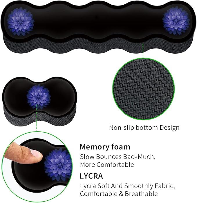 Ergonomic Mouse Pad Set Desk Mat(31.5×11.8 in) + Keyboard Wrist Rest Support + Mouse Wrist Rest + Coasters for OfficeHomeComputerLaptop -Purple Flowers Cute Black Gaming Large Mousepads XXL