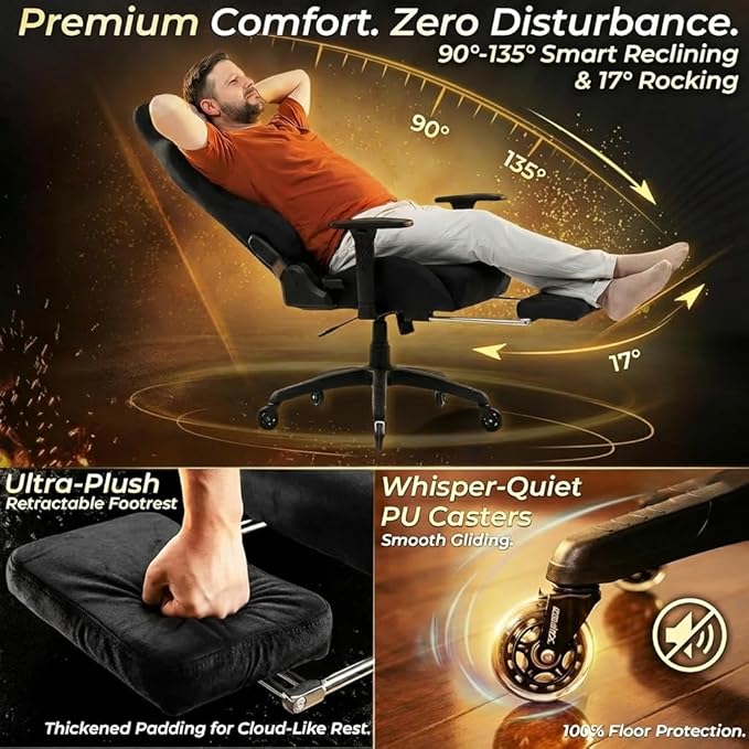 Dowinx Big and Tall Gaming Chair with Suede Fabric Breathable Game Chairs for Adults with Oversized Thick Seat for 440lbs Ergonomic Gamer Chair for Streaming &amp Long Gaming Sessions Black